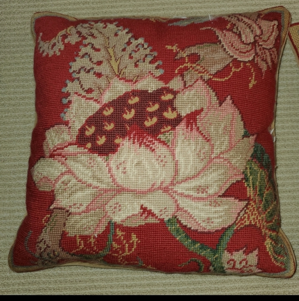 Needlepoint Red Flower Pillow
